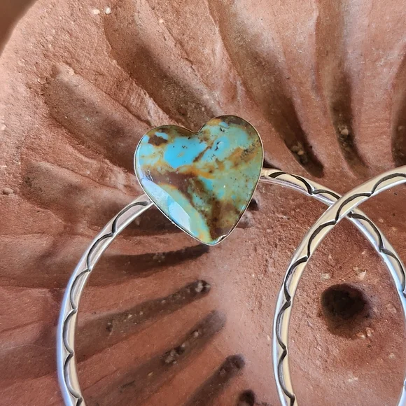 Native American Sterling Silver Turquoise Large Heart Stamped Hoop Earrings - Picture 3 of 7